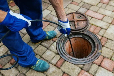 Plumber cleaning an outdoor sewer drain in Vacaville