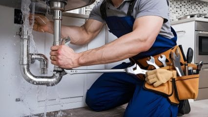 Plumber repairing pipes beneath a sink in Vacaville