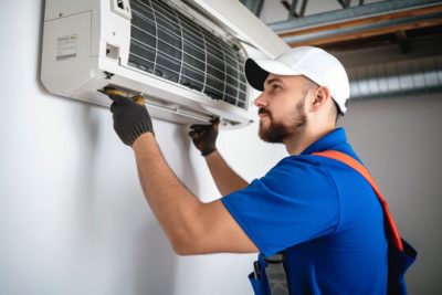 Mini Split AC Installation Vacaville HVAC technician installing a mini split air conditioner in Vacaville